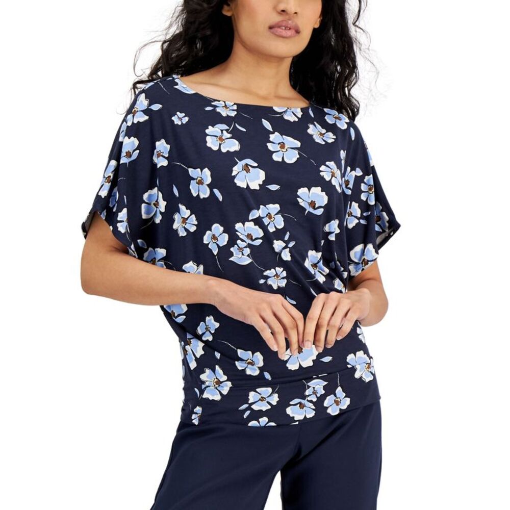 Alfani Petite Floral Print Boatneck Blouson Top